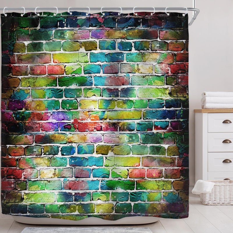 Riyidecor Colorful Graffiti Brick Wall Shower Curtain Hip Hop Multicolor Rainbow Painting Cool Street Fun Aesthetic Decor Fabric Bathroom Polyester Waterproof 72x72 Inch 12-Pack Plastic Hooks WW-VKSU - Image 1